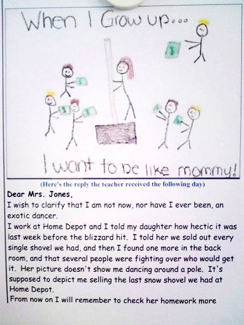 Mamma strippar, rolig barnteckning.